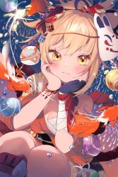 1girl :3 arm_tattoo bandaged_arm bandages blonde_hair bracelet breasts chest_sarashi choker cleavage dutch_angle fingerless_gloves fireworks genshin_impact gloves hadanugi_dousa hair_ornament hand_up head_on_hand highres japanese_clothes jewelry kimono koi mask mask_on_head medium_breasts moon night night_sky open_clothes open_kimono orange_eyes orange_kimono red_choker rope sakurato_remi sarashi shimenawa single_fingerless_glove sky solo squatting tattoo twitter_username updo yoimiya_(genshin_impact)