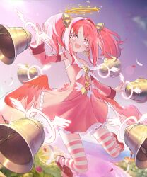1girl angel angel_wings armpits bare_shoulders bell bell_earrings blue_shoes blue_sky blush boat breasts collarbone commentary day detached_sleeves dress dual_wielding earrings english_commentary feathered_wings floating floating_object flying frilled_dress frills full_body hair_intakes hair_ornament hairclip halo highres holding island jewelry landscape leah_(shadowverse) light_particles long_hair long_sidelocks looking_at_viewer low_wings magic miruto_netsuki nature ocean official_art open_mouth outdoors parted_bangs pink_dress pink_eyes pink_hair pink_sleeves pink_thighhighs pink_wings second-party_source shadowverse shadowverse:_worlds_beyond shoes sidelocks sky sleeveless sleeveless_dress small_breasts smile socks solo strapless strapless_dress striped_clothes striped_thighhighs thighhighs thighs traditional_halo twintails two-tone_thighhighs watercraft white_thighhighs wide_sleeves wings yellow_halo