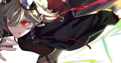 Rule 34 | 1girl, black jacket, black scarf, blonde hair, earrings, eyewear on head, gloves, glowing, glowing eyes, goggles, goggles on head, grin, hairband, highres, hololive, hololive indonesia, hood, hooded jacket, jacket, jewelry, kaela kovalskia, kaela kovalskia (4th costume), long sleeves, pako (pakosun), red eyes, red gloves, red hairband, red sweater, ribbed sweater, running, scarf, simple background, single glove, slit pupils, smile, solo, sweater, swept bangs, thigh strap, virtual youtuber, white background
