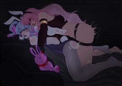 Rule 34 | 2girls, abs, absurdres, animal ears, black background, black leotard, blue eyes, blush, breasts, commentary, dildo, earrings, facial mark, fake animal ears, fake tail, fishnet pantyhose, fishnets, grey pantyhose, hatsune miku, heart, heart facial mark, highres, jewelry, large breasts, leotard, long hair, megurine luka, multiple girls, no shoes, one eye closed, open mouth, pantyhose, pink hair, playboy bunny, rabbit ears, rabbit hole (vocaloid), rabbit tail, sex toy, simple background, strap-on, strapless, strapless leotard, stud earrings, stuffed animal, stuffed rabbit, stuffed toy, tail, tempusumbra, torn clothes, torn pantyhose, twitter username, very long hair, vocaloid, yuri