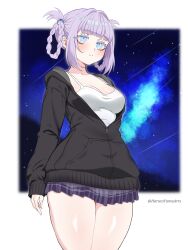 1girl absurdres artist_name black_hoodie blue_eyes blunt_bangs braid braided_hair_rings breasts camisole closed_mouth commentary_request cowboy_shot expressionless hair_rings harutoyumaarts highres hood hoodie light_blush long_sleeves medium_breasts miniskirt nanakusa_nazuna_(yofukashi_no_uta) partially_unzipped pleated_skirt purple_hair purple_skirt skirt solo twitter_username white_camisole yofukashi_no_uta