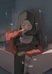 1girl black_shirt breasts closed_eyes female_masturbation hijab leaning_back leaning_on_object masturbation medium_breasts shirt simple_background yohohoho