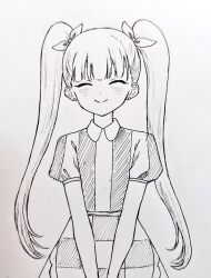 1girl ^_^ apron blunt_bangs blush bow checkered_apron checkered_clothes closed_eyes closed_mouth collared_shirt commentary dot_nose earrings eyebrows_hidden_by_hair facing_viewer greyscale hair_bow hatching_(texture) jewelry long_hair mimn_(kdjgxrt1xt69701) miss_candice_(omori) monochrome omori pen_(medium) puffy_short_sleeves puffy_sleeves shirt short_sleeves skirt smile solo straight-on straight_hair striped_clothes striped_shirt stud_earrings symbol-only_commentary traditional_media twintails upper_body v_arms vertical-striped_clothes vertical-striped_shirt waist_apron