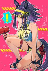! 1girl animal_ears belt bike_shorts black_sandals breasts collarbone commentary_request curtained_hair ear_ornament fenomeno_(umamusume) first_aid_kit front_zipper_swimsuit_(realise) full_body holding holding_megaphone horse_ears horse_girl horse_tail kuren lifeguard long_hair looking_to_the_side megaphone meme_attire multicolored_hair navel no_ears on_one_knee one-piece_swimsuit pink_background ponytail purple_eyes purple_hair sandals serious simple_background solo sports_sandals swimsuit tail thigh_strap triangle two-tone_hair two-tone_swimsuit umamusume visor_cap walkie-talkie watch whistle whistle_around_neck wristwatch yellow_swim_trunks