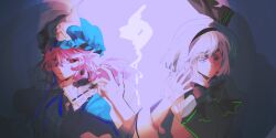 2girls black_bow black_bowtie black_hairband blue_hat blue_ribbon blue_shirt bow bowtie center_frills closed_mouth collared_shirt colored_eyelashes frilled_shirt_collar frills hairband hand_up hat konpaku_youmu long_hair long_sleeves mob_cap multiple_girls neck_ribbon pink_hair red_eyes ribbon saigyouji_yuyuko shirt short_hair short_sleeves touhou triangular_headpiece white_eyes white_hair xian_qishui