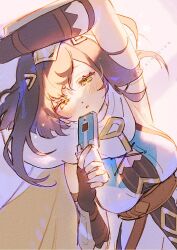 1girl amber_(stella_sora) armpits black_gloves black_hair black_leotard blush breasts cellphone cleavage commentary cross-laced_clothes cross-laced_dress dress elbow_gloves fingerless_gloves flip_phone gloves headpiece holding holding_phone large_breasts leotard looking_at_viewer medium_hair parted_lips phone rainubrew sleeveless sleeveless_dress solo stella_sora symbol-only_commentary upper_body white_dress yellow_eyes