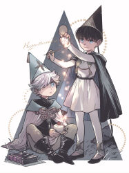 2boys absurdres aged_down bad_id bad_pixiv_id black_footwear black_hair blue_eyes book boots cake calligraphy_brush cape cloak closed_mouth food futsutsuka happy_birthday hat highres holding inkwell long_sleeves looking_up magic male_focus multiple_boys olruggio_(tongari_boushi_no_atelier) open_mouth paintbrush pants pointy_hat qifrey_(tongari_boushi_no_atelier) shoes short_hair sitting smile tongari_boushi_no_atelier white_hair wizard_hat