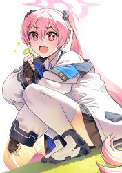 1girl absurdres black_gloves black_skirt blonde_hair blue_archive blue_necktie clover fang fingerless_gloves four-leaf_clover gloves hair_between_eyes halo highres holding holding_clover koyuki_(blue_archive) long_hair long_sleeves miniskirt multicolored_hair necktie open_mouth pink_eyes pink_hair pink_halo pleated_skirt senpaihawkkun skin_fang skirt solo squatting thighhighs twintails two-tone_hair very_long_hair white_thighhighs