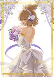 1girl blonde_hair bouquet bride brown_eyes dress earmuffs elbow_gloves flower from_behind gloves hair_flower hair_ornament highres holding holding_bouquet looking_at_viewer open_mouth pointy_hair sleeveless smile solo strapless strapless_dress touhou toyosatomimi_no_miko twitter_username wanya2panic wedding wedding_dress white_dress white_gloves