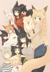 animal animal_ear_fluff animal_ears batta_(kanzume_quality) black_hair blonde_hair blush child commentary_request denim denim_shorts double_fox_shadow_puppet facing_viewer fangs fox fox_ears fox_girl fox_shadow_puppet fox_tail fox_wife_(batta_(kanzume_quality)) green_eyes highres holding holding_animal jacket japanese_clothes kimono kitsune kitsune_no_oyome-chan looking_at_viewer miko multiple_girls orange_hair scar scar_across_eye scar_on_face shirt shorts simple_background snout striped_clothes striped_shirt sweater tail whiskers white_hair