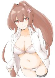 Rule 34 | 1girl, akara kai, black thighhighs, blush, bra, breasts, brown eyes, brown hair, cherry blossoms, collarbone, flower, hair between eyes, hair flower, hair ornament, highres, kantai collection, large breasts, long hair, looking at viewer, open clothes, open shirt, panties, ponytail, single thighhigh, smile, solo, thighhighs, underwear, very long hair, white background, white bra, white panties, yamato (kancolle)