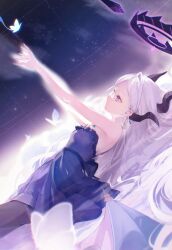 1girl ahoge black_halo blue_archive breasts bug butterfly demon_girl demon_horns demon_wings dress halo highres hina_(blue_archive) hina_(dress)_(blue_archive) horns insect jewelry kyaroru long_hair lying night night_sky pendant purple_dress purple_eyes sky small_breasts solo star_(sky) white_hair wings