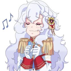 1girl aiguillette alpha_(alpha_1918) armband blush buttons clenched_hand collar cross cross_pendant epaulettes excited findoworld fluffy fluffy_hair gloves gold_buttons gold_trim hair_ornament light_blush lips long_hair looking_at_viewer military military_uniform musical_note non-web_source original red_sleeve_cuffs russian_empire sleeve_cuffs smile solo sticker transparent transparent_background very_long_hair white_gloves white_hair