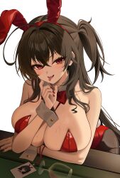 1girl absurdres animal_ear_hairband animal_ears azur_lane black_hair blush bow bowtie breasts cup fake_animal_ears hairband highres id_card k1234es leotard long_hair looking_at_viewer official_alternate_costume pantyhose playboy_bunny pool_table rabbit_ear_hairband rabbit_ears red_bow red_bowtie red_eyes red_leotard simple_background smile solo strapless strapless_leotard table taihou_(azur_lane) taihou_(fun_on_the_baize)_(azur_lane) tongue tongue_out undersized_breast_cup white_background white_wrist_cuffs wrist_cuffs