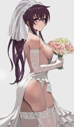 Rule 34 | 1girl, absurdres, ass, backless dress, backless outfit, black hair, bouquet, breasts, bridal veil, closed mouth, commission, commissioner upload, covered erect nipples, crossed bangs, dress, elbow gloves, flower, garter straps, gloves, grey background, hair between eyes, halterneck, highres, holding, holding bouquet, kanzaki kaori, large breasts, long hair, non-web source, ponytail, purple eyes, sideboob, sleeveless, sleeveless dress, smile, solo, thighhighs, toaru majutsu no index, veil, very long hair, wedding dress, white dress, white garter straps, white gloves, white thighhighs, white veil, zefrableu
