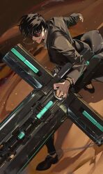1boy black_eyes black_hair black_jacket black_pants black_shoes brown_background cigarette citronplanet collared_shirt cross cross_punisher embers full_body grey_shirt highres holding holding_weapon jacket large_cross long_sleeves looking_at_viewer male_focus mouth_hold nicholas_d._wolfwood open_mouth pants shirt shoes short_hair smile smoking solo standing sunglasses trigun trigun_stampede weapon