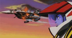 1980s_(style) 1boy aircraft airplane animated animated_gif choujikuu_yousai_macross cloud dawn death explosion fighter_jet fire helmet ichijou_hikaru lowres macross mikimoto_haruhiko military military_vehicle ocean oldschool pilot retro_artstyle sky sunrise vf-1 vf-1a visor water