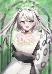animal_ears bad_tag black_sky braided_sidelocks cake cheek_rest copyright_request cross-laced_clothes cross-laced_sleeves dessert food frilled_straps fuzzy_clothes grey_nails grey_tail highres hinamori_anthea holding holding_saucer indie indie_virtual_youtuber leopard_ears leopard_tail maid nata_(tool) non-web_source red_pupils saucer sky snow_leopard_tail strawberry_shortcake tail teapot virtual wallpaper_(object)
