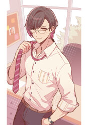 1boy belt black_hair brown_eyes bustafellows day desk glasses hand_in_pocket helvetica_(bustafellows) highres indoors lanahpyon male_focus multicolored_hair necktie pocket purple_hair red_necktie shirt short_hair smile solo standing streaked_hair watch white_shirt wristwatch