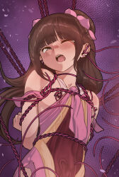 1boy absurdres arms_behind_back bare_arms bare_shoulders bdsm bondage bound bound_arms brown_hair chi_lian_(yewang19) chinese_clothes dudou earrings highres jewelry long_hair nipples one_eye_closed open_mouth original red_rope restrained rope shibari shibari_over_clothes simple_background tears trap yewang19