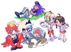 1boy 5girls :d ahoge arven_(pokemon) belt black_bodysuit black_hat blonde_hair blue_eyes bodysuit boots braid brown_hair chibi collar collared_shirt eri_(pokemon) flying_sweatdrops genderswap genderswap_(mtf) gloves grass hat highres holding holding_poke_ball inbagzlzl juliana_(pokemon) leggings leon_(pokemon) long_hair mela_(pokemon) multicolored_hair multiple_girls necktie nintendo open_mouth orange_belt orange_collar orange_necktie orange_pants orange_shorts pants penny_(pokemon) poke_ball poke_ball_(basic) pokemon pokemon_sv pokemon_swsh purple_hair red_hair school_uniform shirt shoes short_hair shorts smile standing star-shaped_eyewear star_(symbol) sunglasses team_star teeth thigh_boots two-tone_hair vest white_leggings white_shoes white_shorts white_vest wristband
