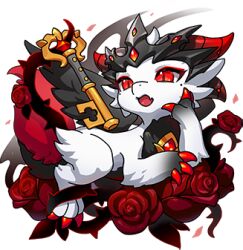 Rule 34 | clavis (dragon village), dragon, dragon village (series), dragon village collection, flower, game cg, hand on own cheek, hand on own face, head rest, key, lowres, mole, mole under eye, no humans, official art, plant, red eyes, red flower, red rose, rose, third-party source, thorns, transparent background, vines