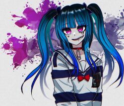 1girl amemiya_darumi black_hair blue_hair collar face_piercing female_focus heart lip_piercing looking_at_viewer makeup multicolored_hair piercing pink_background pink_eyes runny_makeup shirt simple_background solo solo_focus striped_clothes striped_shirt the_hundred_line_-last_defense_academy- twintails upper_body white_background