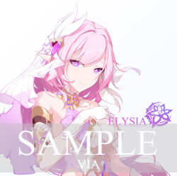 Rule 34 | 1girl, absurdres, artist name, breasts, character name, chinese commentary, commentary request, corset, diamond-shaped pupils, diamond (shape), elf, elysia (herrscher of human: ego) (honkai impact), elysia (honkai impact), gloves, highres, honkai (series), honkai impact 3rd, impasto, large breasts, long hair, pink hair, pointy ears, purple eyes, sample watermark, signet of ego, solo, symbol-shaped pupils, triquetra, upper body, veil, very long hair, via shinan, watermark, white corset, white gloves, white veil
