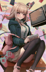 ass bag brown_hair buttons classroom closed_mouth crt danganronpa_(series) danganronpa_2:_goodbye_despair desk dot_nose eyebrows eyelashes famicom famicom_gamepad galaga game_console handheld_game_console highres indoors jacket kamaniki lace_trim looking_at_viewer nanami_chiaki nintendo on_desk pink_shoes playing_games playstation_controller playstation_vita red_eyes shirt shirt_tucked_in shoes sitting skirt sony super_nintendo thighhighs thighs watermark