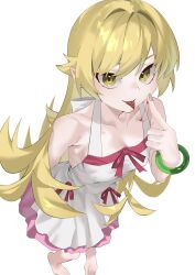 Rule 34 | 1girl, arril100, bare shoulders, barefoot, blonde hair, blood, collarbone, dress, highres, long hair, looking at viewer, monogatari (series), oshino shinobu, ribbon, smirk, solo, tongue, tongue out, white background, white dress, yellow eyes