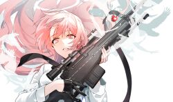 Rule 34 | 1girl, adversarial noise, arknights, black gloves, black necktie, fingernails, floating hair, gloves, gun, half gloves, highres, holding, holding gun, holding weapon, lemuen (arknights), light particles, long hair, looking at viewer, necktie, pink eyes, pink hair, rifle, rim4635bb, shirt, single glove, single half glove, smile, sniper rifle, solo, twitter username, upper body, watermark, weapon, white shirt