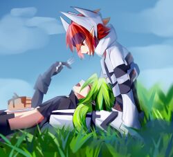 2boys aotu_world arm_ribbon black_gloves black_jacket black_pants black_shirt cake closed_eyes cloud crop_top cropped_jacket day food fork gloves goggles goggles_on_head grass green_hair headgear highres holding holding_fork jacket jewelry lap_pillow long_hair looking_at_another low_ponytail lying male_focus midriff multiple_boys multiple_rings on_back on_grass open_mouth outdoors pants pius_(aotu_world) plate pointy_ears ponytail profile red_eyes red_hair ribbon ring shirt sitting sky smile thigh_strap white_jacket white_pants xander_(aotu_world) yaoi yuottota0-1414