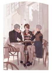 22kolink 3boys black_shirt brown_hair cake chair collared_shirt cup food fruit grey_hair hair_over_one_eye highres holding indoors long_sleeves mahoutsukai_no_yakusoku male_focus multiple_boys necktie pants plate shirt sitting smile strawberry table teacup teapot turtleneck vest white_pants window