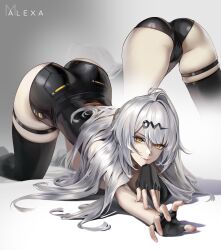 1girl absurdres artist_logo artist_name ass asymmetrical_gloves black_gloves black_shorts black_thighhighs breasts character_name closed_mouth commentary elbow_gloves gloves grey_hair hair_ornament hashtag-only_commentary high-waist_shorts highres large_breasts logo long_hair looking_at_viewer m_alexa multiple_views outstretched_arm shorts single_elbow_glove single_hair_intake single_thighhigh skindentation smile thigh_strap thighhighs thighs top-down_bottom-up uneven_gloves yellow_eyes yixuan_(zenless_zone_zero) zenless_zone_zero