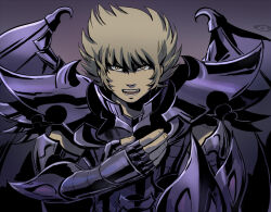 Rule 34 | 1boy, armor, blonde hair, bowing, dragon wings, hand on own chest, looking at viewer, male focus, metal wings, mizuhara aki, open mouth, purple armor, saint seiya, short hair, shoulder spikes, solo, specter (saint seiya), spiked hair, spiked pauldrons, spikes, upper body, wings, wyvern rhadamanthys, yellow eyes