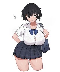 Rule 34 | 1girl, :/, absurdres, arm behind back, bag, black eyes, black hair, black skirt, blue bow, blue bowtie, bow, bowtie, bra visible through clothes, breasts, bright pupils, button gap, cleavage, closed mouth, collarbone, collared shirt, cowboy shot, cropped legs, diagonal-striped bow, diagonal-striped bowtie, diagonal-striped clothes, hand up, high-waist skirt, highres, holding strap, large breasts, looking at viewer, miniskirt, mole, mole under eye, original, peace peace009, plaid clothes, plaid skirt, pleated skirt, school bag, school uniform, shirt, short hair, short sleeves, shoulder bag, simple background, skirt, solo, standing, striped clothes, translation request, white background, white pupils