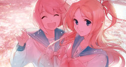 00s 2007 2girls :d closed_eyes flower hair_ribbon multiple_girls muroi_maki open_mouth original petals pink_theme ribbon school_uniform serafuku smile wind