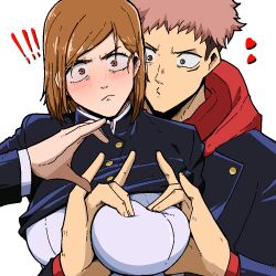 ! !! 1boy 1girl blush breasts brown_eyes brown_hair grabbing_another&#039;s_breast grabbing_from_behind groping heart heart-shaped_boob_challenge heart_hands_failure hood hoodie itadori_yuuji jujutsu_kaisen kugisaki_nobara large_breasts mark_gavatino medium_hair school_uniform simple_background