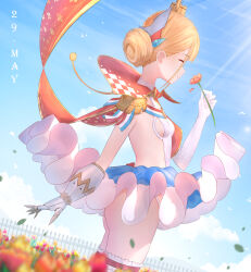 1girl absurdres ass azur_lane blonde_hair blue_sky breasts cape commentary dated day double_bun dutch_angle english_commentary epaulettes falling_leaves flower french_flag from_side gauntlets gloves gold_trim hair_bun headgear highres holding holding_flower le_triomphant_(azur_lane) leaf leotard long_hair mister_varkat outdoors red_cape red_flower sideboob sideless_outfit single_gauntlet single_glove sky small_breasts smelling smelling_flower solo striped_clothes striped_leotard tutu vertical-striped_clothes white_gloves yellow_flower