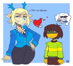 1boy 1girl 1other animal_ears annoyed antlers arms_at_sides bar_censor blazer blonde_hair blue_eyes breasts brown_hair caliginousarts carol_holiday censored censored_identity cleavage commentary cropped_legs curvy deer_ears deltarune english_text expressionless furry furry_female green_sweater grin hair_between_eyes hand_on_own_hip hashtag-only_commentary heart highres horns jacket jewelry kris_(deltarune) large_breasts mature_female necklace office_lady pearl_necklace reindeer_antlers ribbed_sweater sans_(undertale) shaded_face short_hair simple_background skeleton skirt sleeve_cuffs smile snout striped_clothes striped_sweater sweatdrop sweater thick_thighs thighs yellow_skirt