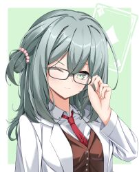 1girl ;) absurdres adjusting_eyewear aqua_eyes aqua_hair beads black-framed_eyewear bow breasts brown_vest buttons closed_mouth coat collared_shirt commentary_request cowlick double-parted_bangs eyelashes glasses green_background hair_beads hair_between_eyes hair_ornament hand_up highres lab_coat large_breasts long_hair long_sleeves looking_at_viewer necktie one_eye_closed one_side_up open_clothes open_coat outside_border red_necktie riddle_joker shikibe_mayu shirt simple_background smile solo split_mouth tokiyanagi upper_body v-shaped_eyebrows vest white_bow white_shirt wide_sleeves