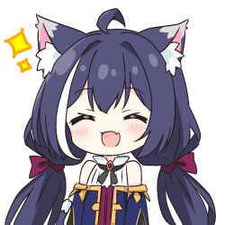 1girl :d ^_^ ahoge animal_ear_fluff animal_ears bare_shoulders black_ribbon blue_sleeves blush cat_ears cat_girl closed_eyes commentary_request detached_sleeves dot_nose facing_viewer fang karyl_(princess_connect!) kotatsu-mazoku long_hair low_twintails multicolored_hair neck_ribbon open_mouth princess_connect! purple_hair ribbon shirt simple_background skin_fang sleeveless sleeveless_shirt smile solo sparkle twintails two-tone_hair upper_body white_background white_hair white_shirt