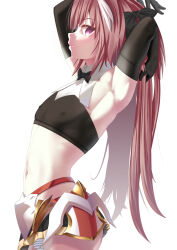 1boy armpits arms_up astolfo_(fate) black_bow black_bowtie black_gloves bow bowtie fate/grand_order fate_(series) gloves grabbing_own_hair highres long_hair multicolored_hair non-web_source open_mouth pink_eyes pink_hair pixiv solo trap white_background