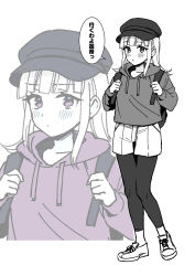 1girl back-to-back newsboy_cap full_body greyscale hat hatsukaze_(kancolle) hatsukaze_(kure)_(kancolle) highres hood hooded_sweater kantai_collection leggings_under_shorts long_hair monochrome multiple_views official_alternate_costume saburou_03 shoes sneakers sweater upper_body