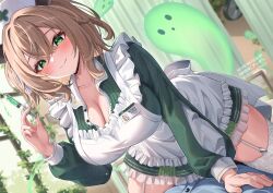 1boy 1girl animal_ears apron ardenlolo bed blurry blurry_background breasts brown_hair cleavage closed_mouth day depth_of_field dress dutch_angle ghost girl_on_top green_dress green_eyes hat hetero holding holding_syringe hospital_bed huge_breasts indie_virtual_youtuber indoors infirmary lying naplings_(nimi_nightmare) nimi_nightmare nurse nurse_cap on_back on_bed one_side_up partially_unbuttoned pov pov_crotch smile straddling syringe tapir_ears tapir_girl virtual_youtuber white_apron