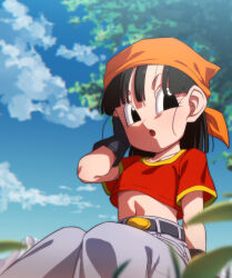 Rule 34 | 1girl, :o, bandana, belt, belt buckle, black belt, black eyes, black gloves, black hair, blue sky, buckle, cloud, commentary request, crop top, day, denim, dragon ball, dragon ball gt, gloves, grey pants, jeans, midriff, navel, open mouth, orange bandana, outdoors, pan (dragon ball), pants, red shirt, rom (20), shirt, short hair, short sleeves, sideways glance, sitting, sky, solo