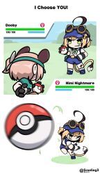 Rule 34 | absurdres, ahoge, animal ears, blonde hair, blue overalls, dooby (vtuber), english text, gloves, goggles, green eyes, highres, indie virtual youtuber, multicolored hair, nimi nightmare, overalls, poke ball, poke ball (basic), scanling, shirt, short hair, tail, tapir ears, tapir girl, throwing, throwing poke ball, virtual youtuber, white shirt