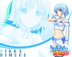10s 1girl belt blue_eyes blue_hair breasts choker female_focus hair_ornament hair_ribbon himuro_rikka koutaro matching_hair/eyes midriff navel partially_colored ribbon short_hair shorts solo tropical_kiss waitress white_background