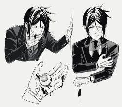 Rule 34 | absurdres, black hair, blood, blood from mouth, ciel phantomhive, crying, eyeball, formal clothes, gloves, highres, implied cannibalism, kuroshitsuji, male focus, monochrome, necktie, sad, sebastian michaelis, shirt, suit, uneasywolf, victorian, vomiting blood, white gloves
