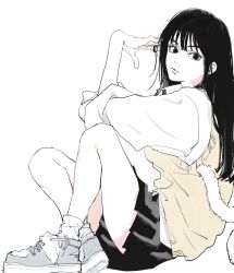 1girl arm_on_knee black_eyes black_hair black_skirt cat closed_mouth crossed_ankles expressionless from_side full_body grey_shoes hand_on_own_head hand_up highres knees_up long_hair looking_at_viewer looking_to_the_side mizuho_(sonny_boy) needbee_r pleated_skirt shirt shoes simple_background sitting skirt sleeves_rolled_up sneakers socks solo sonny_boy sweater white_background white_shirt white_socks yellow_sweater